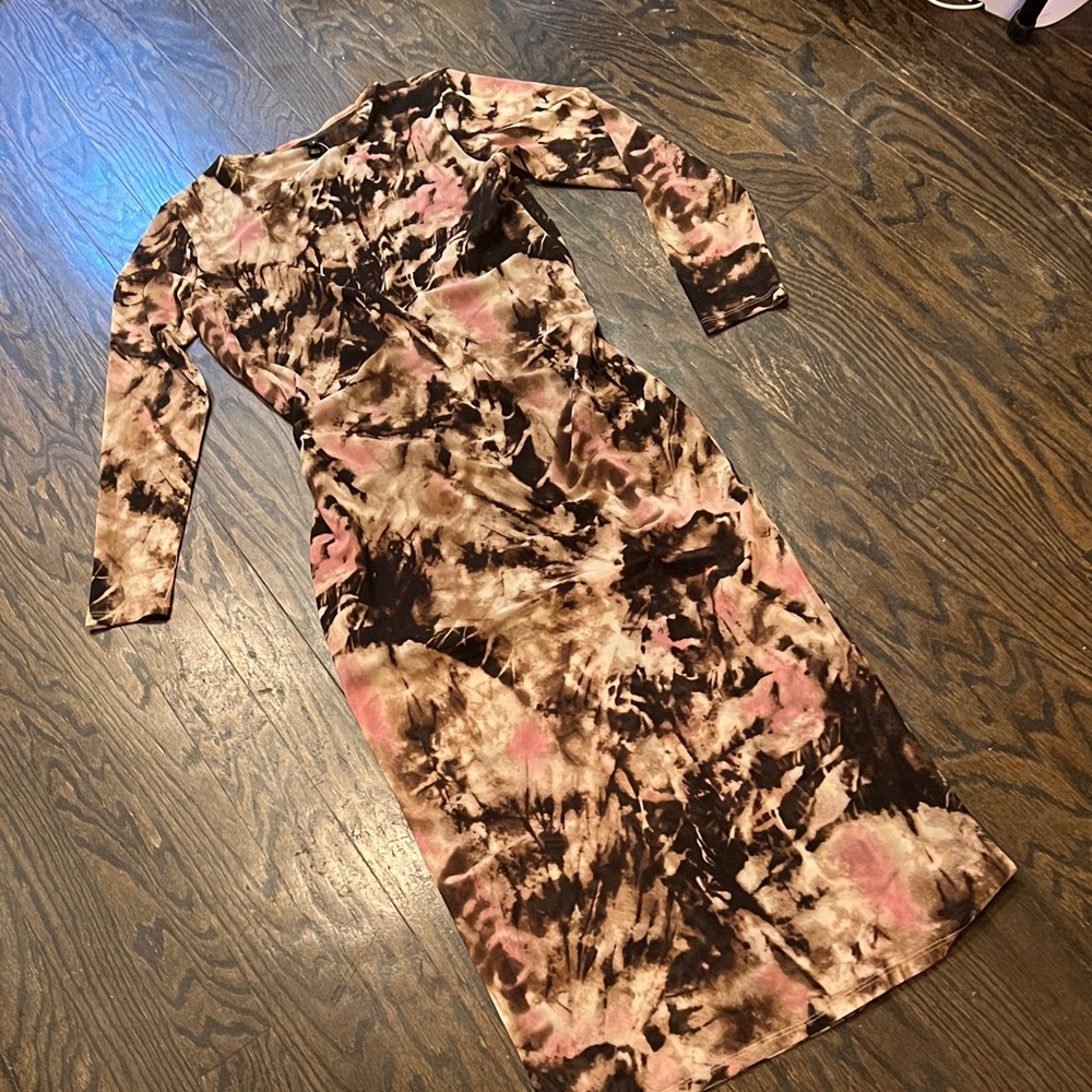NWT- RIVER ISLAND SZ12-14 MESH MAXI TIE DYE CAMO in ESPRESSO/COFFEE/CREAM/PINK